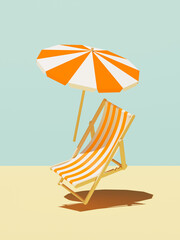 Concept of summer vacation, travel. Deck chair with umbrella levitating on pastel blue background. 3D rendering