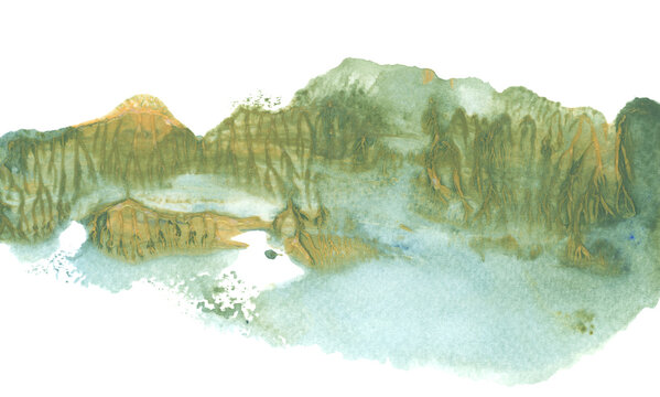 Abstract watercolor and acrylic flow blot smear painting landscape. Color canvas monotype texture horizontal background.