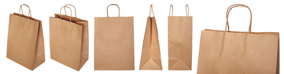 Layout of a brown paper bag with handles, insulated on a white background, shot in different angles. - Powered by Adobe