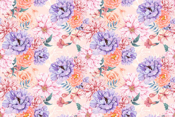 Fototapeta na wymiar Watercolor Flower Seamless Pattern - 6