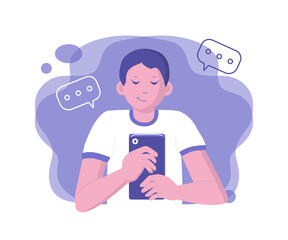 The boy with the phone writes a message. Chat, correspondence in the network, internet.Man and smartphone. Vector flat illustration.