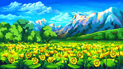 Vector cartoon illustration. Yellow flowers blooming in green mountain valley. Blue snow-capped mountains on the horizon.