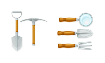 Archeology equipment set. Excavation tools and magnifying glass vector illustration