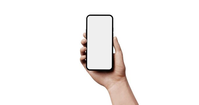 Smartphone with a blank screen in hand, app template - rotate the camera around the object and start the device by shake - includes luma matte and tracking screen