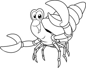 Outlined Happy Hermit Crab Cartoon Character In A Shell Waving For Greeting. Vector Hand Drawn Illustration Isolated On White Background