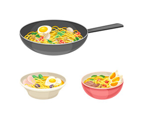 Asian noodles, bowls and frying pan with mushrooms, vegetables and eggs vector illustration