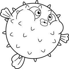 Outlined Cute Puffer Fish Cartoon Character. Vector Hand Drawn Illustration Isolated On White Background