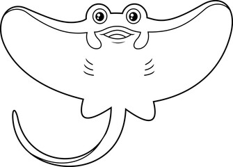 Outlined Cute Stingray Fish Cartoon Character Is Swimming. Vector Hand Drawn Illustration Isolated On White Background