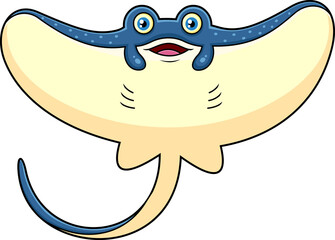 Cute Stingray Fish Cartoon Character Is Swimming. Vector Hand Drawn Illustration Isolated On White Background