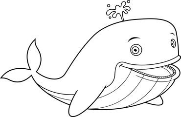 Obraz premium Outlined Happy Cute Whale Cartoon Character With Water Fountain. Vector Hand Drawn Illustration Isolated On White Background