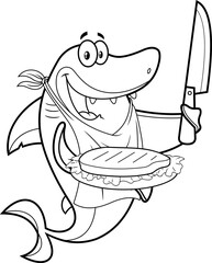 Outlined Shark Chef Cartoon Character Showing Grilled Steak On Plate. Vector Hand Drawn Illustration Isolated On White Background