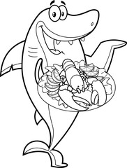 Outlined Shark Chef Cartoon Character Holding Whole Red Boiled Lobster On Dish. Vector Hand Drawn Illustration Isolated On White Background