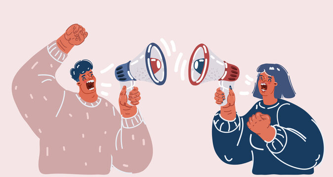 Vector illustration of man woman scream each other with megaphone. Quarrel concept with loudspeacker.