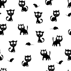 Seamless funny black cats with mouses