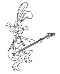 Cartoon rabbit guitarist. Rabbit performs pop music on the guitar. Vector outline illustration isolated on white. Funny bunny dances with a guitar.