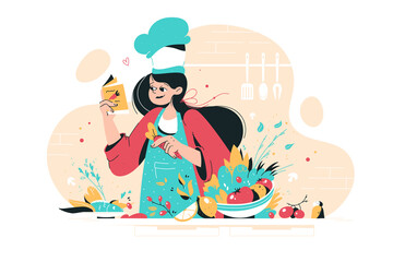 Smiling woman cooking on kitchen table set vector flat illustration. Colorful person meal preparation