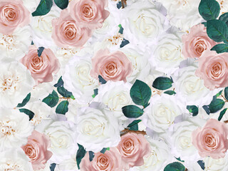 White and pinkish roses. Summer flowers in an irregular pattern. Female background.