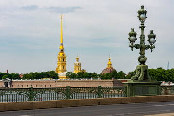 Peter and Paul cathedral and lamp on Trinity (Troitsky) bridge, Saint Petersburg, Russia