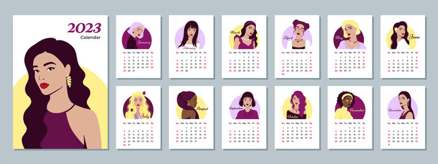 Calendar 2023 template with beautiful women. Design of calendar with girls.Vector illustration. Set of 12 Months calendars. The week starts on Monday