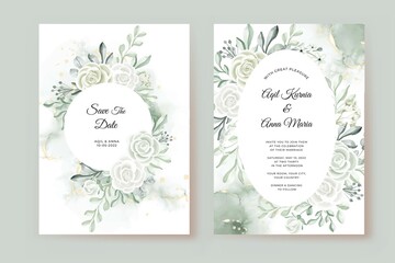 wedding invitation template with rose white and greenery leaves watercolor