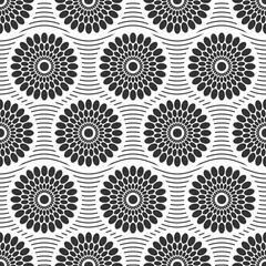 Seamless african fashion vector pattern with circles, rounded shapes, wavy lines. Black and white illustration.