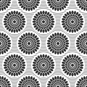 Seamless african fashion vector pattern with circles, rounded shapes, wavy lines. Black and white illustration.