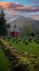 Old country church and cemetery fenced in by a stone fence overgrown with moss in rural Norway.