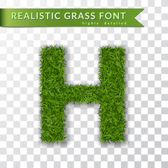 Grass letter H, alphabet 3D design. Capital letter text. Green font isolated white transparent background, shadow. Symbol eco nature environment, save the planet. Realistic meadow Vector illustration