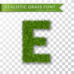 Grass letter E, alphabet 3D design. Capital letter text. Green font isolated white transparent background, shadow. Symbol eco nature environment, save the planet. Realistic meadow Vector illustration - 515245104