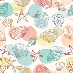 Seamless pattern with fish icons, shells, starfish on a blue background.
