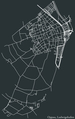 Detailed negative navigation white lines urban street roads map of the OPPAU DISTRICT of the German regional capital city of Ludwigshafen am Rhein, Germany on dark gray background