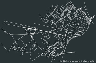 Detailed negative navigation white lines urban street roads map of the NÖRDLICHE INNENSTADT DISTRICT of the German regional capital city of Ludwigshafen am Rhein, Germany on dark gray background