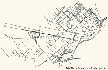 Detailed navigation black lines urban street roads map of the NÖRDLICHE INNENSTADT DISTRICT of the German regional capital city of Ludwigshafen am Rhein, Germany on vintage beige background