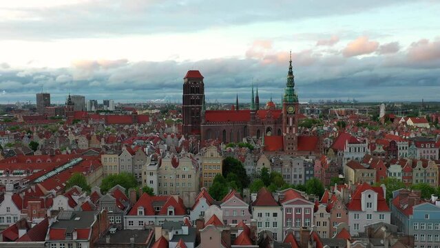 Aerial view of the beautiful Gdansk city at sunset, Poland