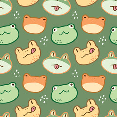 Seamless Pattern with Cartoon Forg Head Design on Green Background