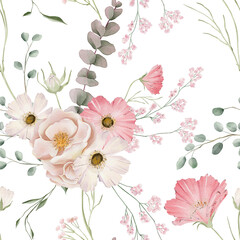 pink blush soft flowers backdrop floral watercolor Seamless Pattern