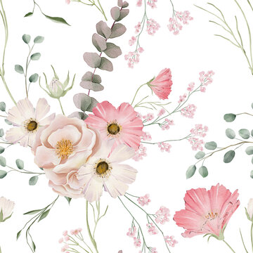 Pink Blush Soft Flowers Backdrop Floral Watercolor Seamless Pattern
