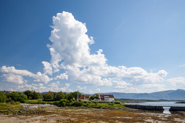 White summer clouds Salhus residential area, ,Helgeland,Northern Norway,scandinavia,Europe