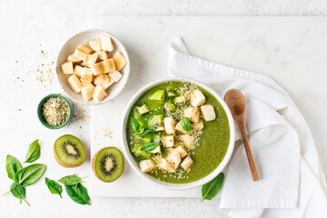 Healthy Vegan Green Smoothie Bowl With Toppings Banana Kiwi Hemp Seeds