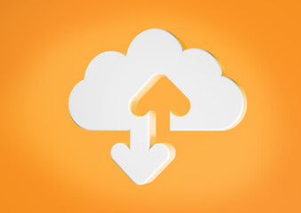 Cloud computing data storage icon with up and down arrows on orange background