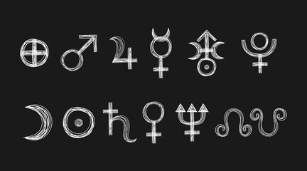 Naklejka premium Solar planet signs hand drawn with white chalk. Vector astrological planetary symbols set. Sun earth moon mars saturn venus jupiter rahu ketu