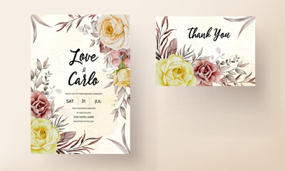 Wedding invitation set with elegant watercolor flower and leaves