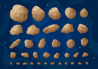 Cartoon space asteroids vector illustration set. Colorful collection of space stones and asteroids, belt rocks and meteorites on fantastic starry blue background for cosmic concept art. © moonnoon
