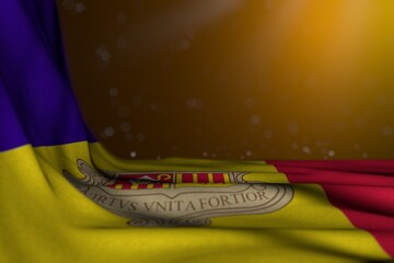 wonderful dark picture of Andorra flag lay diagonal on yellow background with bokeh and free space for your content - any feast flag 3d illustration..
