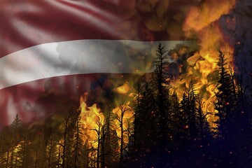Forest fire natural disaster concept - flaming fire in the woods on Latvia flag background - 3D illustration of nature