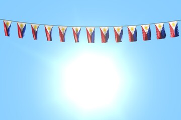 beautiful many Philippines flags or banners hangs on string on blue sky background - any feast flag 3d illustration..