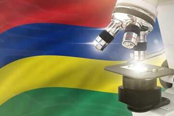 Mauritius science development concept - microscope on flag background. Research in chemistry or biochemistry 3D illustration of object