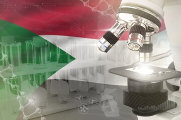 Microscope on Sudan flag - science development digital background. Research of biology design concept, 3D illustration of object