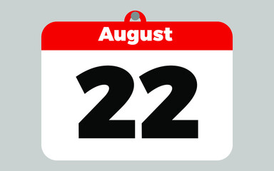 August, 22. White and red calendar.
