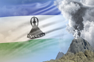 volcano blast eruption at day time with white smoke on Lesotho flag background, suffer from eruption and volcanic earthquake conceptual 3D illustration of nature